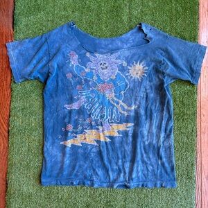 Vintage 1994 Grateful Dead jester blue tie dye graphic t shirt with raw neckline